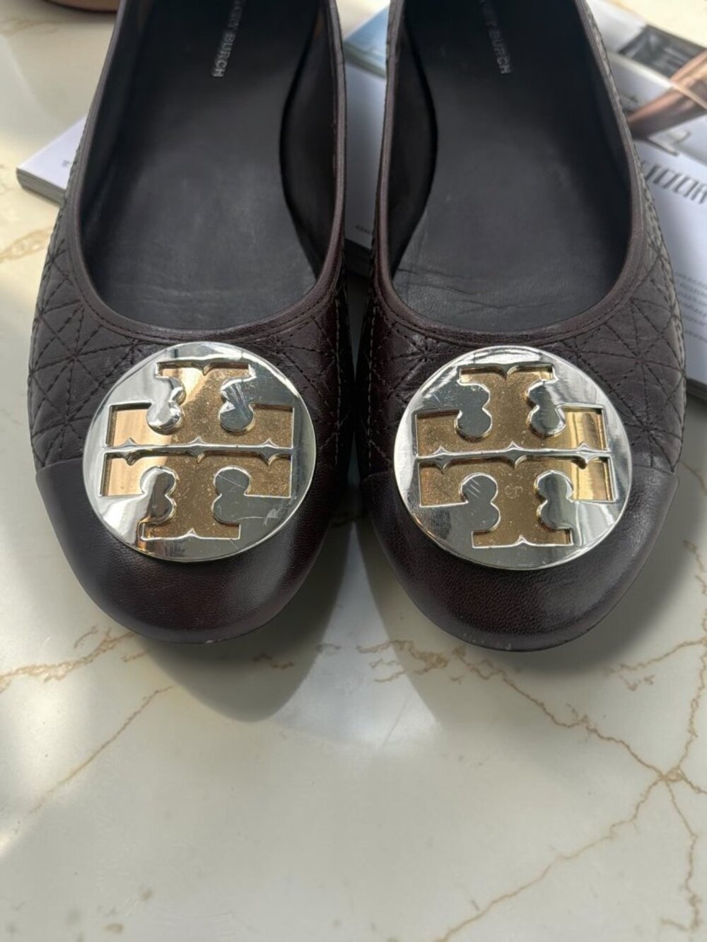 Tory Burch Maroon Quilted Leather Silver & Gold Medallion Driving Flats 9 - Picture 3 of 6